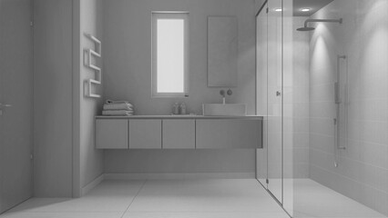 Total white project draft, minimalist bathroom, concrete tiles floor, large shower with tiles and spotlight, washbasin with mirror and accessories, towel rack. Modern interior design