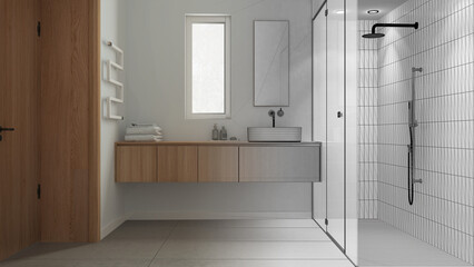 Fototapeta na wymiar Architect interior designer concept: hand-drawn draft unfinished project that becomes real, bathroom in wooden tones, shower with tiles, washbasin, mirror and accessories, towel rack