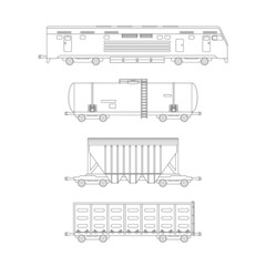 Cargo wagons and tank wagons of a railway train. Line drawings of wagons and locomotive.