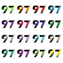 Paper cut number ninety seven 97. Realistic 3D multi layers papercut effect isolated on white background. Figure of alphabet letter font. Decoration element for birthday or wedding greeting design