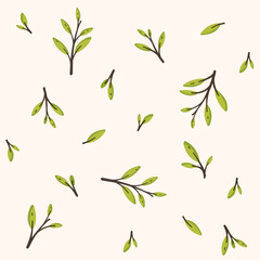 Branch with green leaves. Trendy pattern with twig. Vector illustration.