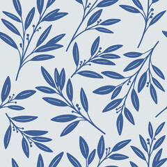 Simple seamless foliage pattern. Flat design print with branch of laurel. Vector illustration on background.