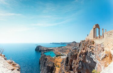 Panorama of the St. Paul's Bay in Lindos city from the Acropolis, Rhodes island, Greece