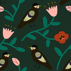 Decorative floral pattern with birds on dark green background. Folk noth pattern design for wallpaper, dresses, home decor.