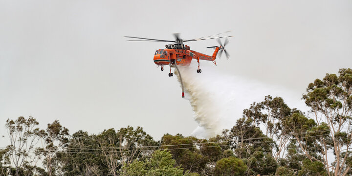 Bundoora, Australia - December 30, 2019: Erickson Air Crane helicopter dropping a large load of water onto a bushfire.