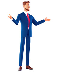 You are welcome Cheerful mature man in a suit and red tie gesturing welcome sign and smiling while standing. Minimal stylized art style. 3d render on white background.