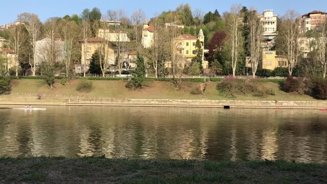 Double canoe on the stretch of the river PO di Tornio, Italy