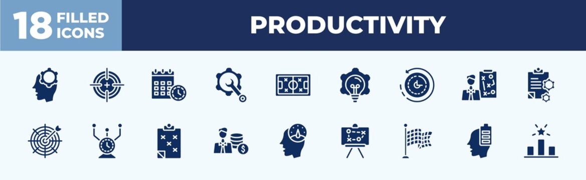 set of glyph productivity icons. editable filled icons such as mind gears, productivity tools, time passing, bullseye with target, man and dollar coin, racing flag, mind charge, winner on the podium