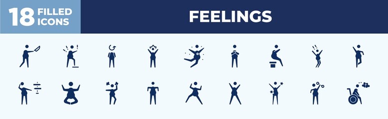 Fototapeta na wymiar set of glyph feelings icons. editable filled icons such as terrible human, annoyed human, lonely human, lost awesome amazed strong hopeless vector illustration.
