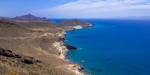 Panoramic View from Vela Blanca Volcanic Dome, Cabo de Gata-Níjar Natural Park, UNESCO Biosphere Reserve, Hot Desert Climate Region, Almería, Andalucía, Spain, Europe