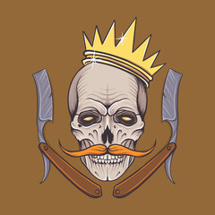 Colorful barbershop logotype with stylish skull and barber poles with sharps in vintage style vector illustration