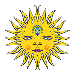 Cute sun cartoon character with naughty face and diamond expression on white background illustration