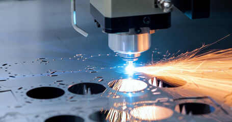 Cnc milling machine. Processing and laser cutting for metal in the industrial. Motion blur. Industrial exhibition of machine tools. - Powered by Adobe