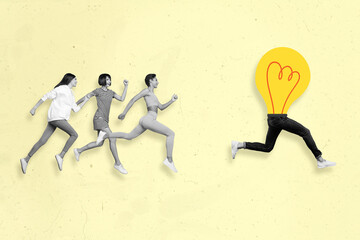 Profile composite image of three woman run after light bulb isolated on drawing yellow background