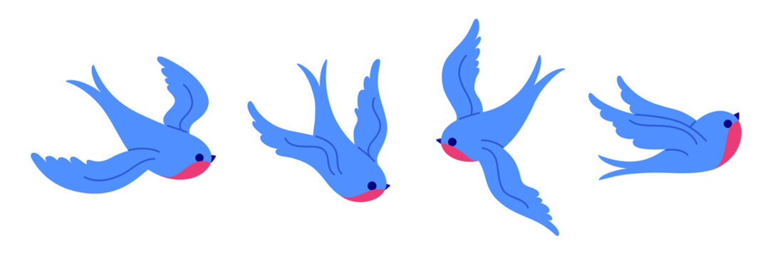 Cute swallow - cartoon bird character. Contour vector illustration.