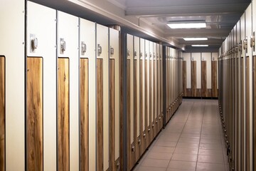 rows of lockers in a dressing room for changing and storing clothes at a spa resort during a long...