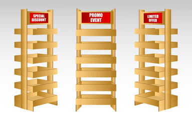 set of realistic shelf retail trade or stand rack shelves for promotion or display rack mock up isolated. eps vector
