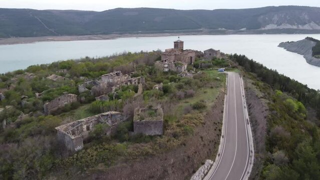 ruins of an abandoned old village in the top of a hill in Navarre, Spain
