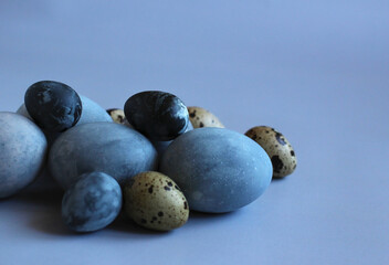 Easter painted blue chicken and quail eggs on a blue background with copy space