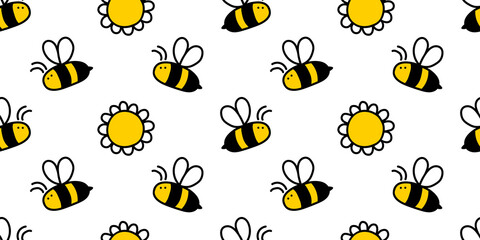 Small cute honey bee and flower hand drawn seamless background, vector drawing