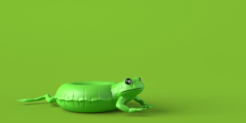 Frog float. Inflatable beach or pool toy. Copy space. 3D illustration.