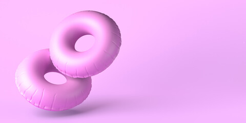 Summer concept with two inflatable ring floats. Copy space. 3D illustration.