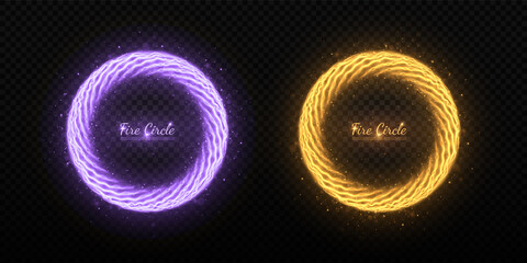 Set of colorful sparkle fire circle. Realistic burning circles. Round fiery frames on transparent background.