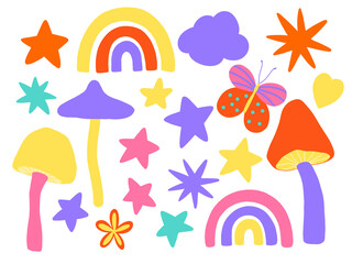 Cute doodle rainbow, mushroom, star scribbles clip art set. Modern flat illustrations. Cartoon clipart design in violet, yellow, pink and orange colors.