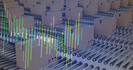 Image of financial data processing over boxes on conveyor belts