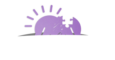 Image of purple circle and sun made of puzzle on white background