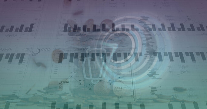 Image of financial data processing and clock moving over coins on white background