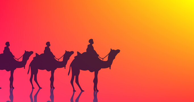 Image of three wise men on camels over glowing yellow to red background