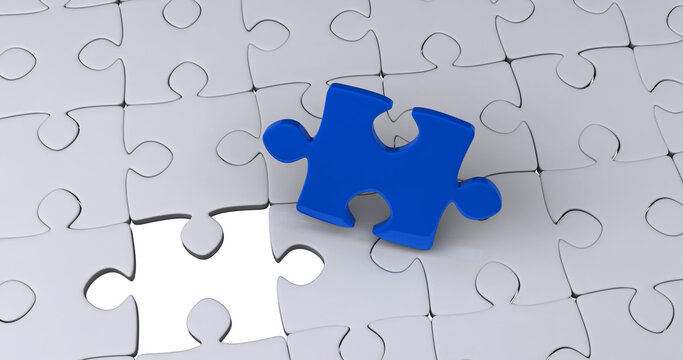 Image of blue piece of puzzle over multiple gray puzzle - Powered by Adobe