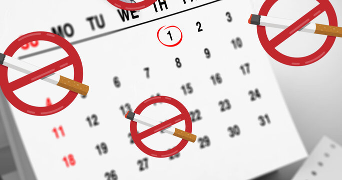 Image of cigarette with prohibition sign over calendar and pen