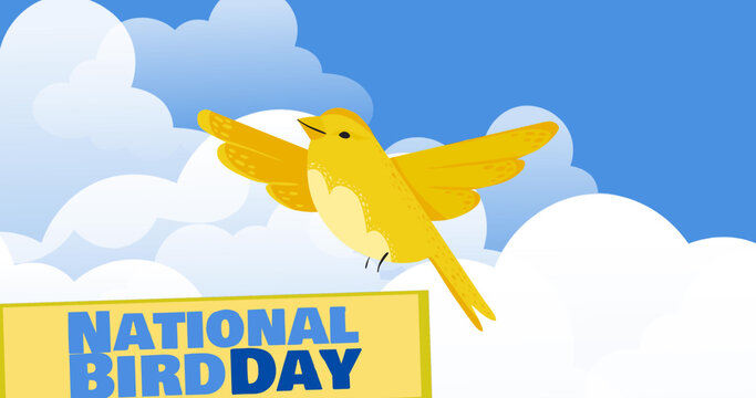 Digital image of national bird day text banner and yellow bird icons against clouds in the sky - Powered by Adobe