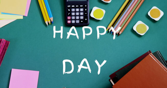 Image of happy substitute day text over school items on green background