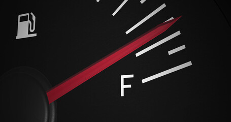 Image of close up of fuel gauge moving over black background