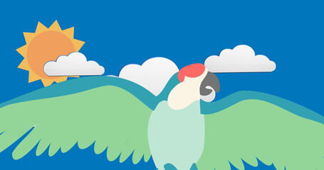 Image of illustration of parrot flying over clouds on blue background