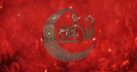 Image of eid mubarak logo and text over shining lights