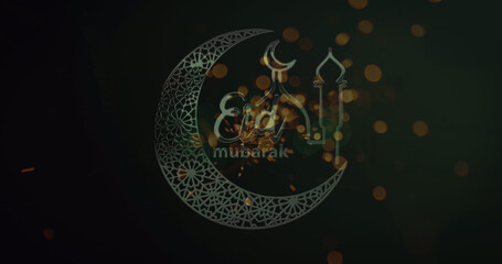 Image of eid mubarak logo and text over shining lights