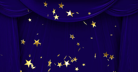 Image of yellow stars moving over curtain in theatre