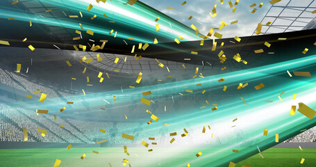 Image of gold confetti falling over green light trails in sports stadium © vectorfusionart