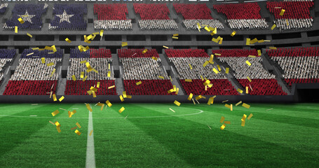 Obraz premium Image of gold confetti falling over flag of united states of america in sports stadium