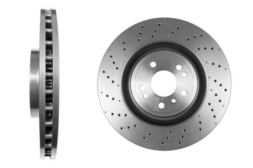 Car brake disc isolated on white background. Auto spare parts. Perforated brake disc rotor isolated...