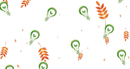 Image of green lightbulbs and leaves on white background