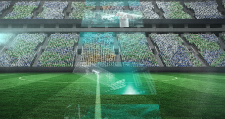 Image of data processing on screens over sports stadium