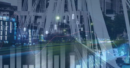 Image of financial data processing over busy city