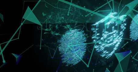 Image of networks over biometric fingerprints and online security padlock
