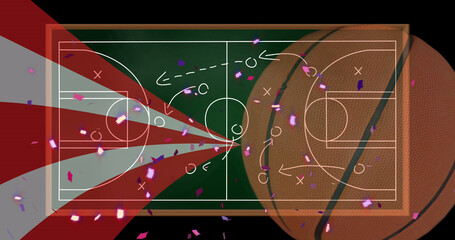 Image of confetti over drawing of game plan and basketball on black background