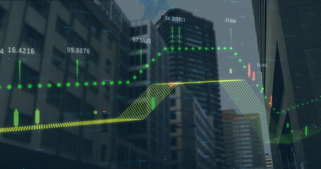 Image of financial data processing over modern buildings in city